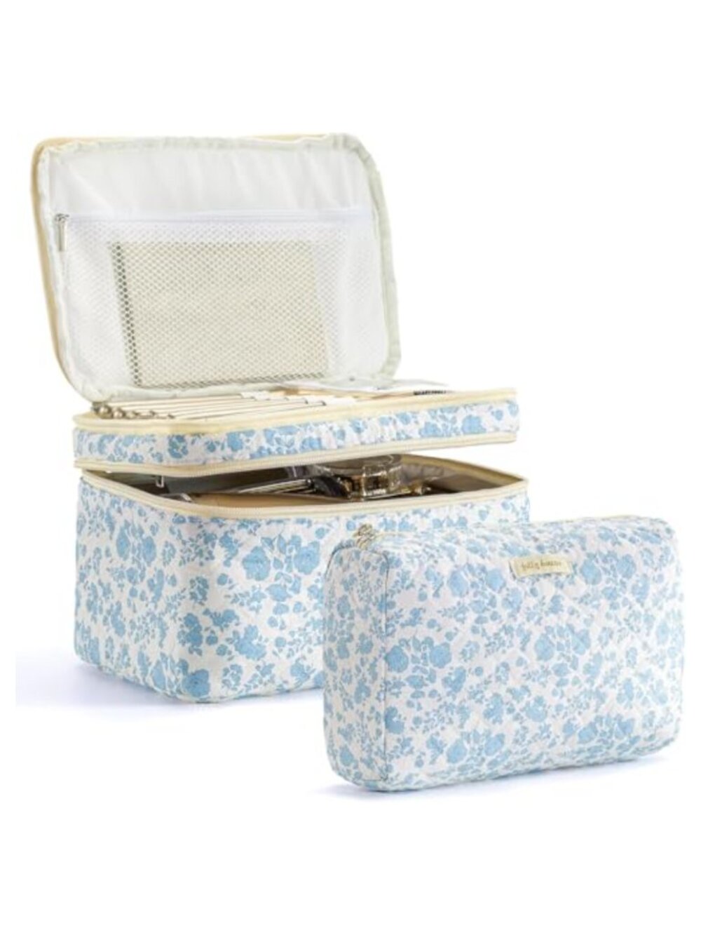 Quilted Cotton Floral Makeup Bag Set 2pc Large Cosmetic Travel Toiletry